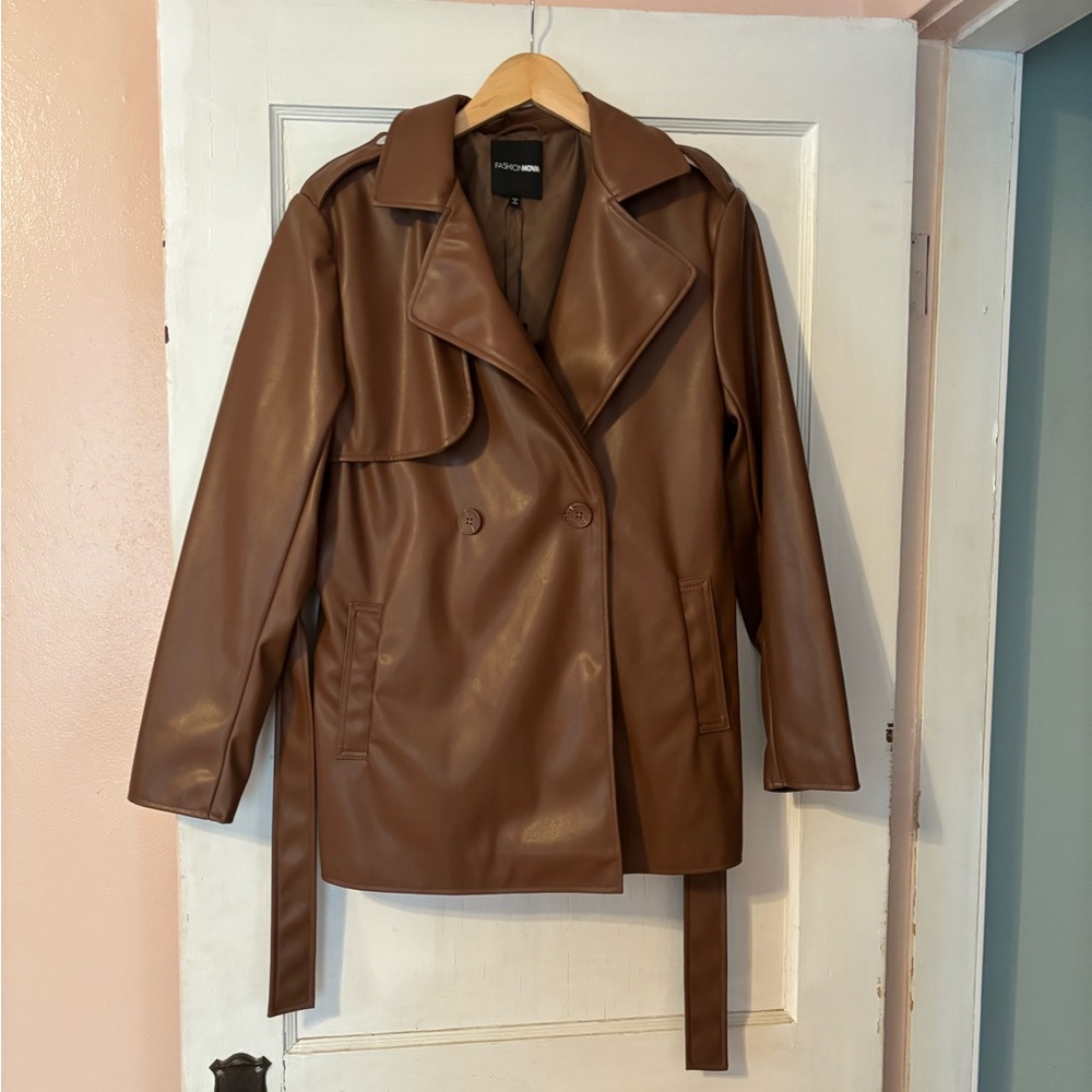 Fashion Nova Brown Leather Moto Jacket with Lapel Collar
